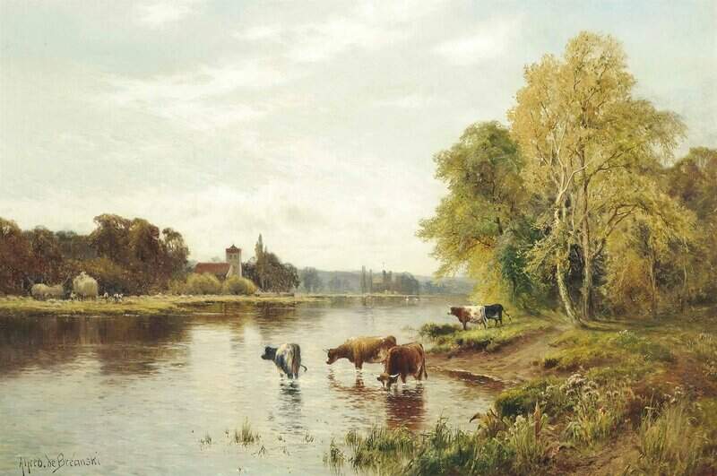 Breanski Sr Alfred De Cattle Watering On A River canvas print