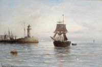 Breanski Sr Alfred De Fischerboote vor einem Leuchtturm in ruhigen Gewässern