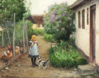 Brendekilde Hans Andersen Ein kleines Mädchen, das eine Katze füttert