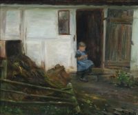 Brendekilde Hans Andersen Ein kleines Mädchen sitzt auf einer Türschwelle