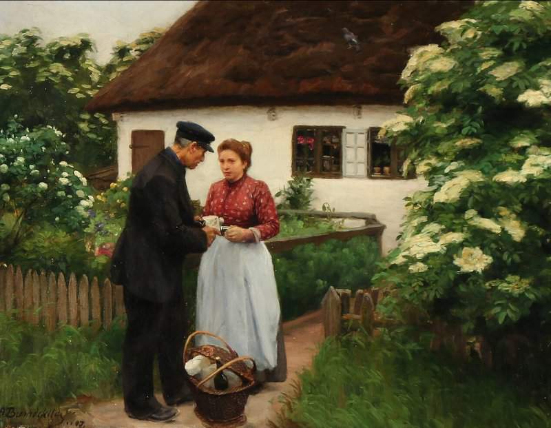 Brendekilde Hans Andersen A Man And A Woman In Conversation In Front Of A House 1907 canvas print