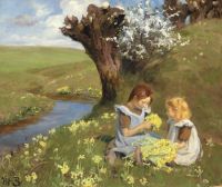 Brendekilde Hans Andersen A Meadow مع فتاتين تلتقط زهور الربيع