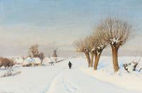 Brendekilde Hans Andersen منظر طبيعي مغطى بالثلوج مع رجل يسير على طول طريق ريفي محاط بأشجار صفصاف ملوثة