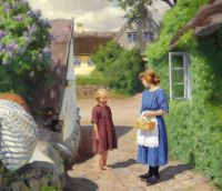 Brendekilde Hans Andersen Ein Frühlingstag in Jyllinge mit blühenden Fliedern und zwei Mädchen im Gespräch 1922