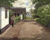 Brendekilde Hans Andersen يوم صيفي في Gunds Magle مع امرأة شابة تقف خارج منزل 1928
