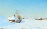 Brendekilde Hans Andersen Ein sonniger Wintertag mit Häusern, Mühle und Figuren
