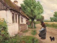 Brendekilde Hans Andersen A Woman Caught In The Wind By A Farmhouse