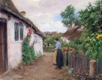 Brendekilde Hans Andersen Eine junge Frau, die vor einem weiß getünchten Haus mit Stockrosen steht