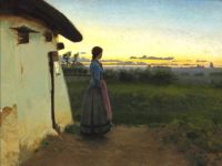 Brendekilde Hans Andersen in der Abenddämmerung. Bauernmädchen betrachtet die letzten Strahlen der Sonne