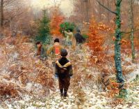 Brendekilde Hans Andersen 숲에서 크리스마스 트리를 자르고 전경에서 눈 속에서 노는 소년들 1885