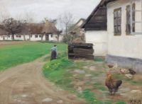 Brendekilde Hans Andersen Bauernhaus außen mit alter Dame und Hühnern