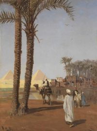 Brendekilde Hans Andersen Oriental Scene In The Background The Pyramids Of Giza. Ca. 1880s
