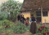Brendekilde Hans Andersen Vor einem Bauernhaus kommt der Nachbar zu Besuch. Frühsommer mit blühenden Obstbaum-Tulpen blutenden Herzen