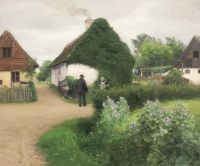 대화하는 사람들과 마을의 Brendekilde Hans Andersen 풍경 1923