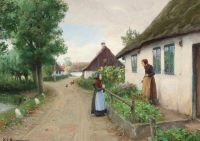 Brendekilde Hans Andersen 집 앞의 두 여자와 풍경 Ca. 1932년