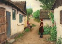Brendekilde Hans Andersen Kleines Dorfleben mit einer jungen Frau und Kindern
