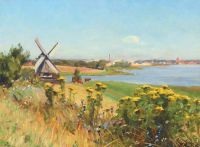 Brendekilde Hans Andersen 아마 Middelfart에 풍차가 있는 여름 풍경