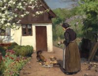 Brendekilde Hans Andersen The Chickens Are Being Fed On A Spring Day With Fresh Blown Lilacs And Apple Trees