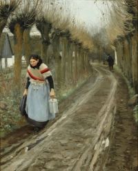 Brendekilde Hans Andersen The Milk Is Brought Home. A Scene From A Village Road