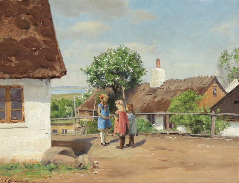 Brendekilde Hans Andersen Three Little Girls In Conversation In A Village 1926 canvas print