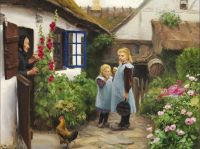 Brendekilde Hans Andersen Two Little Girls In Front Of A Thatched Farm canvas print