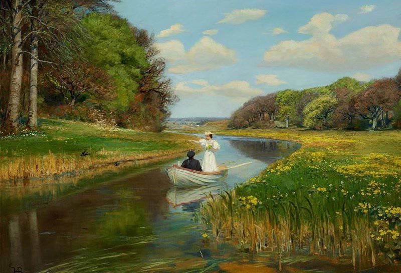 Brendekilde Hans Andersen Ved Susaaen. At The Susaen Stream. A Young Couple In A Rowing Boat canvas print