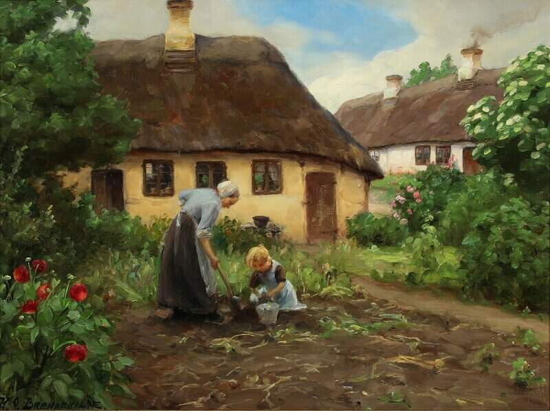 Brendekilde Hans Andersen View From A Cottage With Mother And Daughter Working In The Garden canvas print
