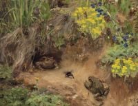 Brendekilde Hans Andersen 숲 바닥에서 땅벌을 공격할 준비를 하는 두꺼비 두 마리와 함께 보기 1912
