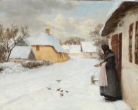 Brendekilde Hans Andersen Winter Landscape With An An Elderly Woman Feeding Sparrows