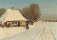 Brendekilde Hans Andersen Winterszene mit einer Frau, die Schnee außerhalb eines gelben strohgedeckten Häuschens räumt