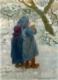 Breton Jules Petits Enfants Et Leur Chien Sous La Neige canvas print