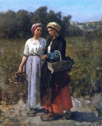 Leinwanddruck von Breton Jules Zwei junge Frauen, die Trauben pflücken