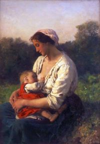 Breton Jules junge Mutter, die ihr Kind pflegt Courrieres