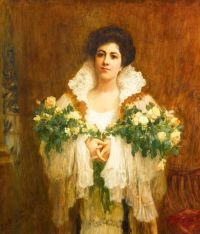 Bridgman Frederick Arthur A Lady Holding Bouquets Of Yellow Roses 1903