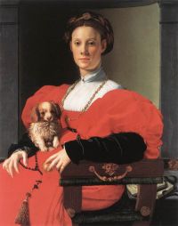강아지와 함께 있는 여인의 브론지노 초상화