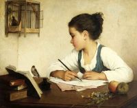 براون هنرييت فتاة تكتب الحسون حيوان أليف 1870