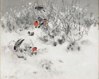 Cuadro de Bruno Andreas Liljefors Paisaje invernal con camachuelos
