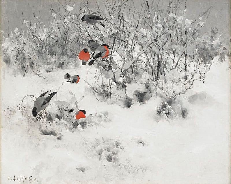 Tableaux sur toile, Bullfinches가 있는 Bruno Andreas Liljefors 겨울 풍경 재현