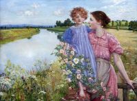 Butler Mildred Anne Eine Mutter und ein Kind an einem Fluss mit wilden Rosen 1900 Leinwanddruck