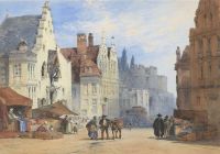 Callow William The Vegetable Market Ghent With Gravensteen Castle From Geldmunt Behind 1863 canvas print
