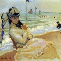 Camille op het strand van Trouville door Monet