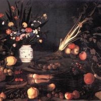 Caravaggio Bodegón con flores y frutas