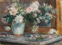 Carrier Belleuse Pierre Un Bouquet D Iris De Roses Et De Jasmins Dans Un Vase Pose Sur Un Manteau De Cheminee 1901