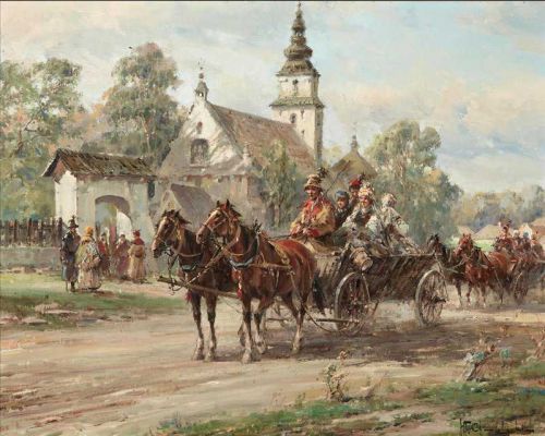 Chmielinski Wladyslaw Horse Drawn Carriages Outside A Church canvas print