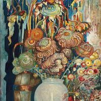 كريس لانوج عباد الشمس والزهور الجافة في إناء وحوض 1919
