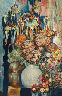 Chris Lanooij Tournesols et fleurs séchées dans un vase et un pot 1919