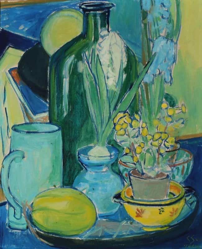 Tableaux sur toile, Reproduktion von Christine Swane Stillleben mit Flasche und Blumen 1944