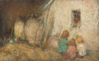Ciani Cesare Children By A Farm Cottage