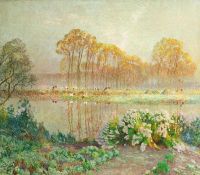 Claus Emile Landschaft mit Teich und Blüten