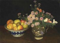 Clausen George A Jug Of Wild Flowers And Fruit In A Bowl